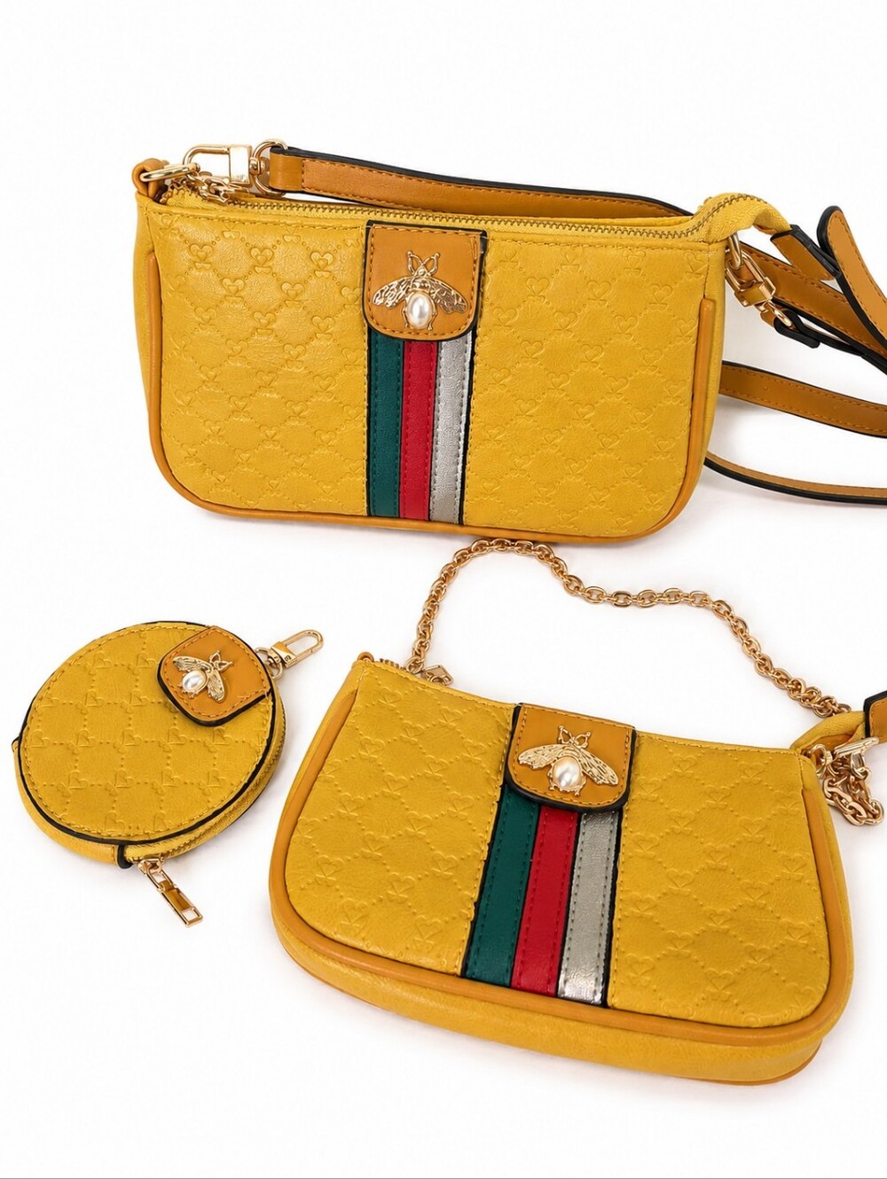 Fashion handbag/purse with a unique mustard yellow embossed heart design